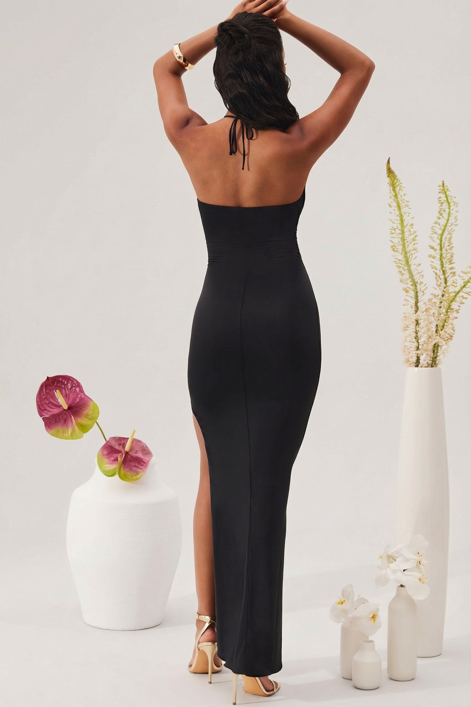 Cut Out Halter Neck Floor Length Maxi Dress in Black - 2