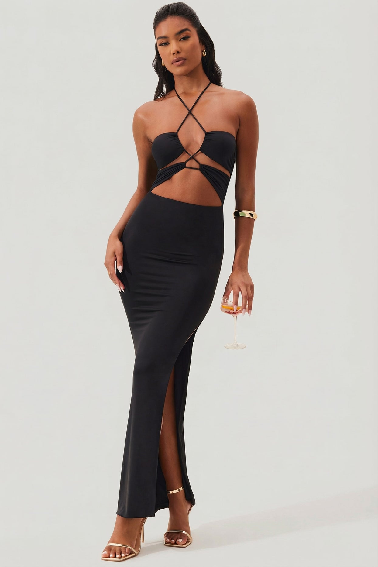Cut Out Halter Neck Floor Length Maxi Dress in Black - 9