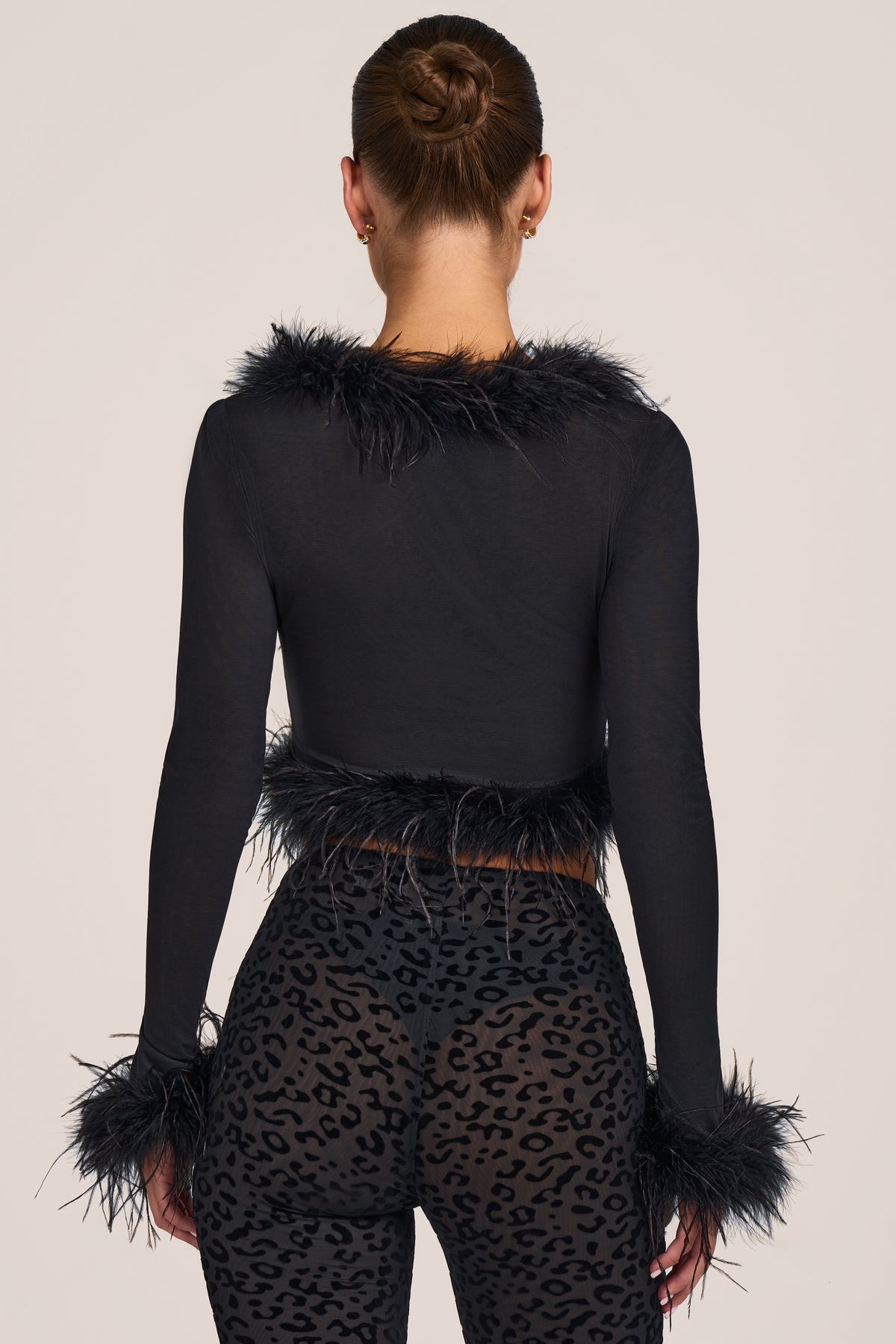 Feather-Trim Semi-Sheer Cardigan in Black