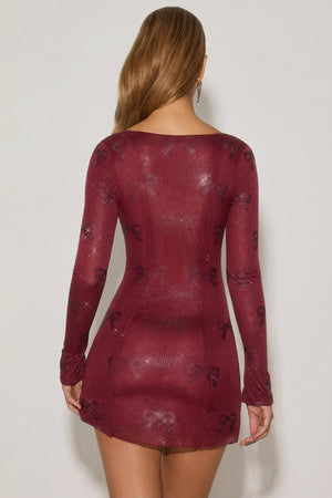 Embellished Bow-Detail A-Line Mini Dress in Wine Red