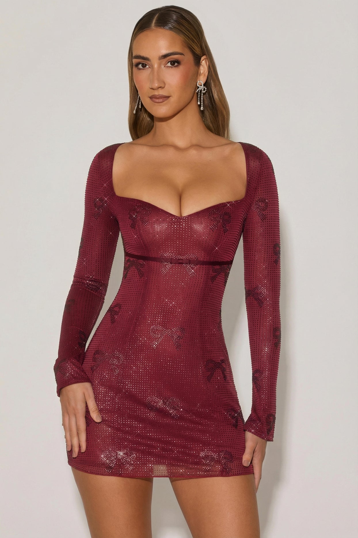 Embellished Sweetheart A-Line Mini Dress in Wine Red - 1