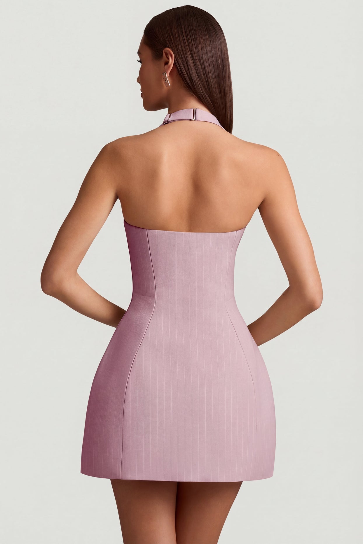 Pinstripe Halterneck Structured A-Line Mini Dress in Mauve - 3