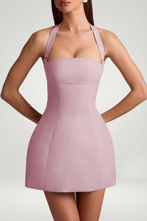 Pinstripe Halterneck Structured A-Line Mini Dress in Mauve