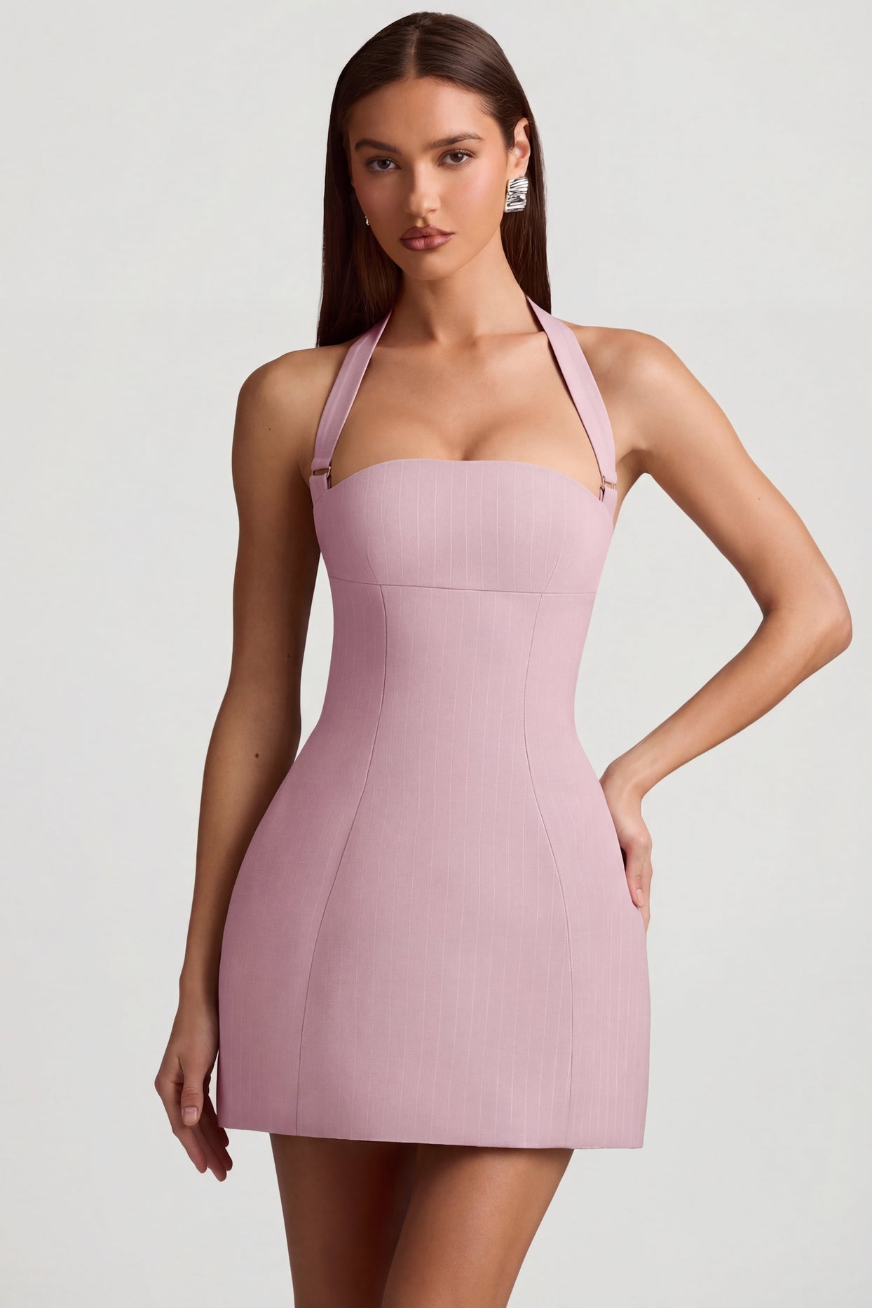 Pinstripe Halterneck Structured A-Line Mini Dress in Mauve - 1