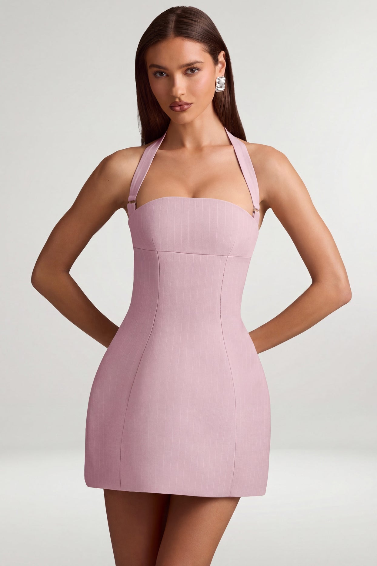 Pinstripe Halterneck Structured A-Line Mini Dress in Mauve - 7