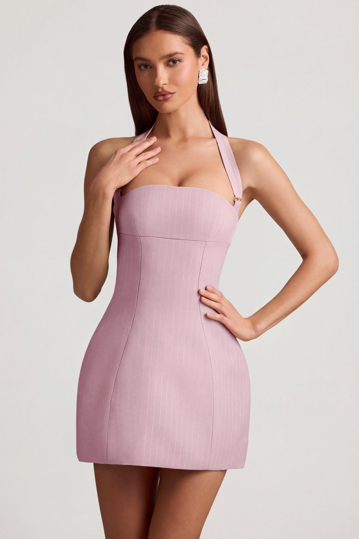 Pinstripe Halterneck Structured A-Line Mini Dress in Mauve - 8