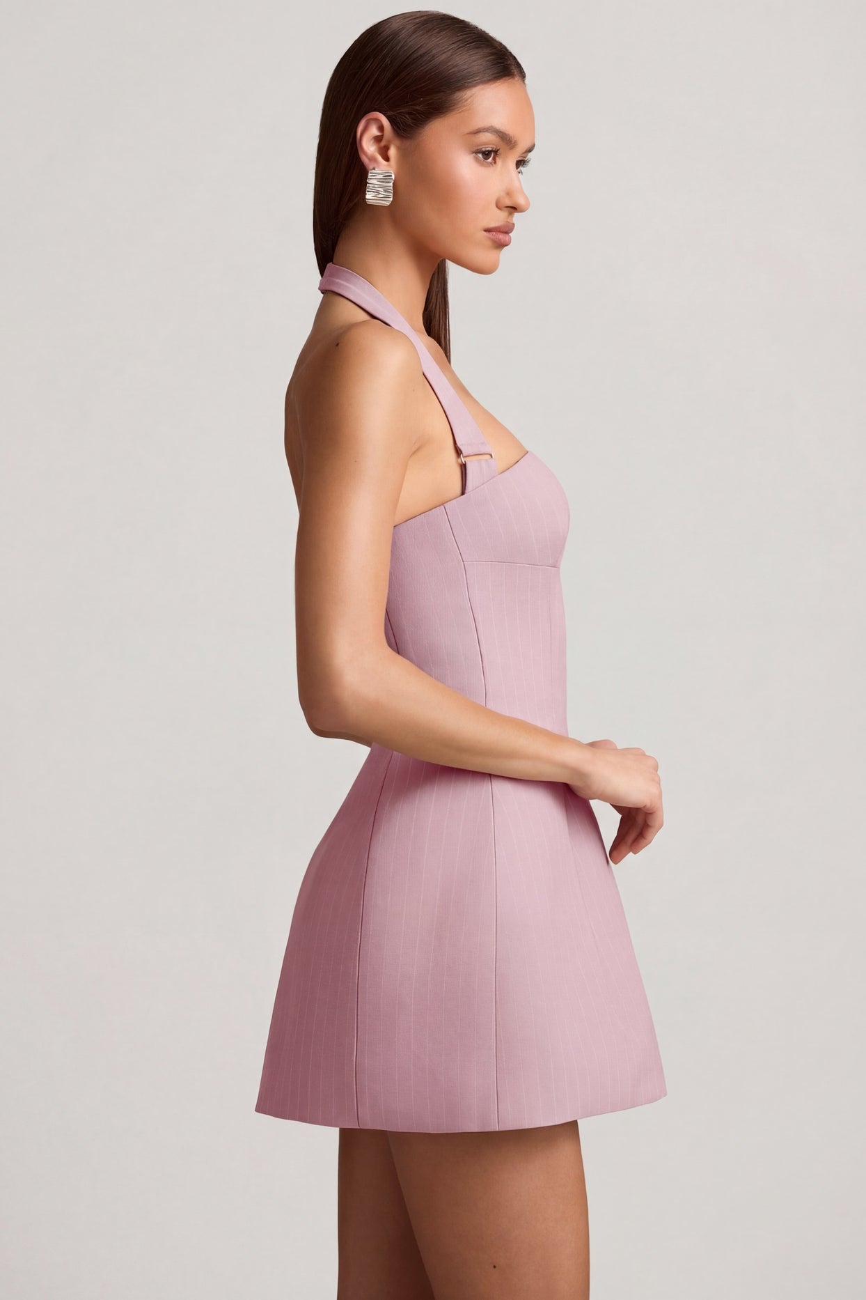 Pinstripe Halterneck Structured A-Line Mini Dress in Mauve - 4