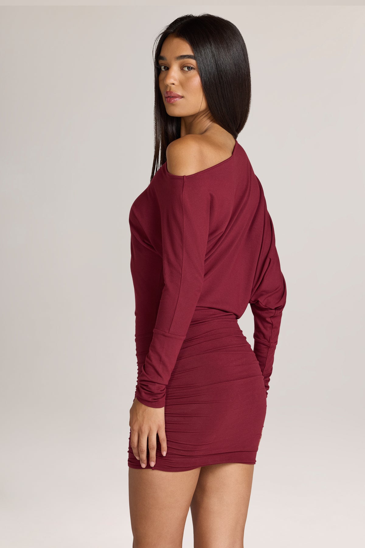 Modal Off-Shoulder Mini Dress in Wine