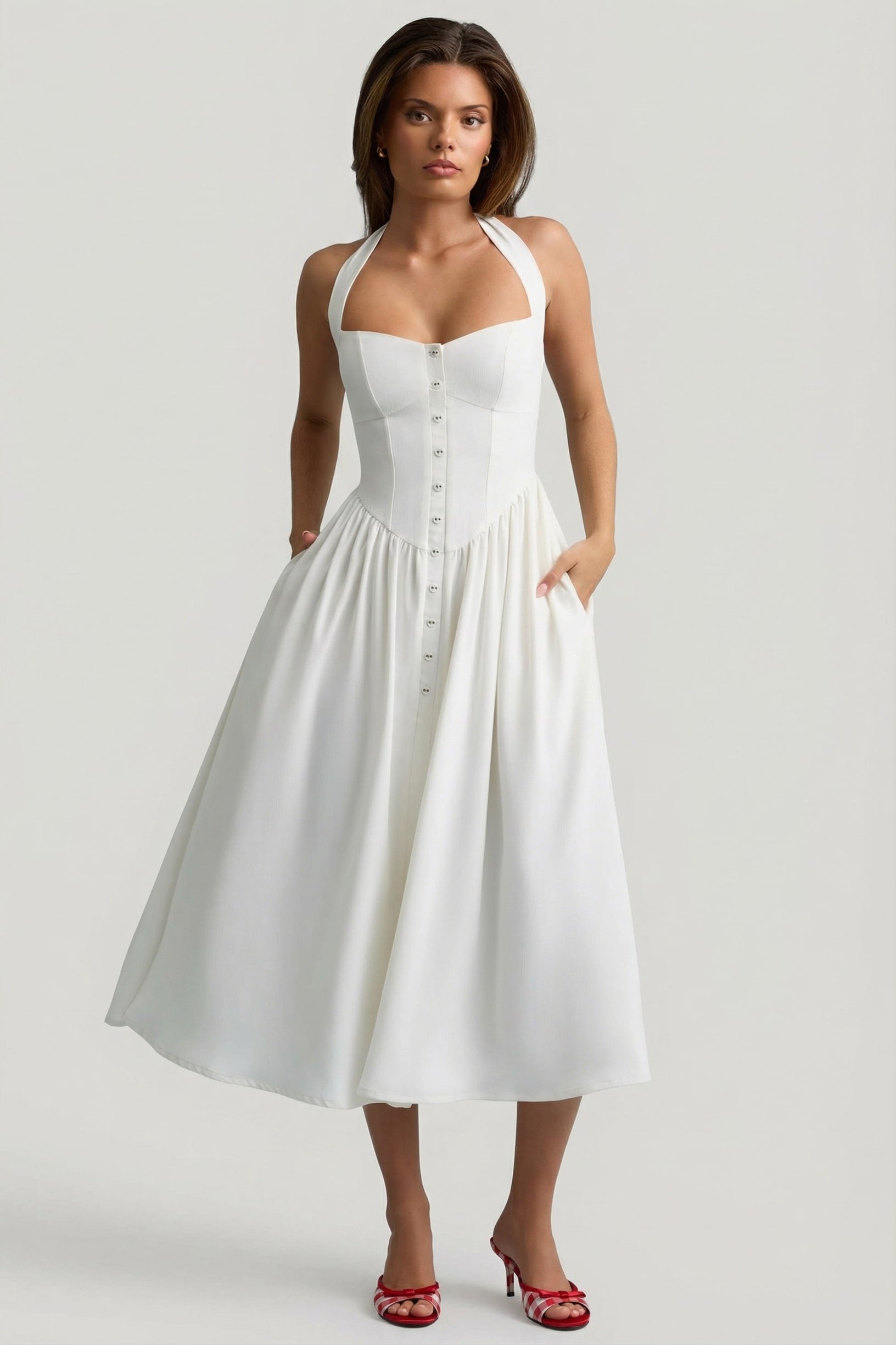 Button-Detail Halterneck Midaxi Dress in White - 1