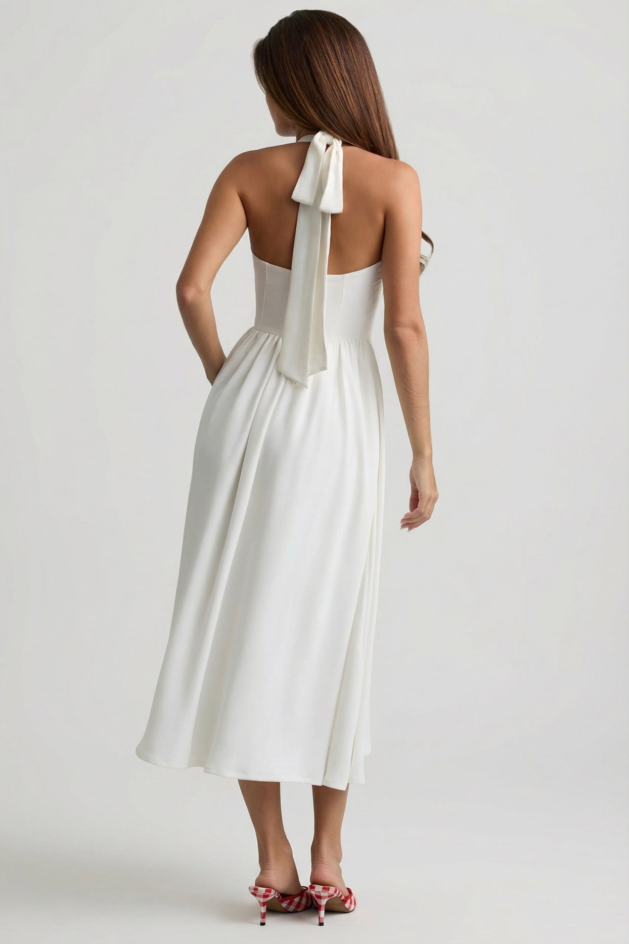 Button-Detail Halterneck Midaxi Dress in White - 5