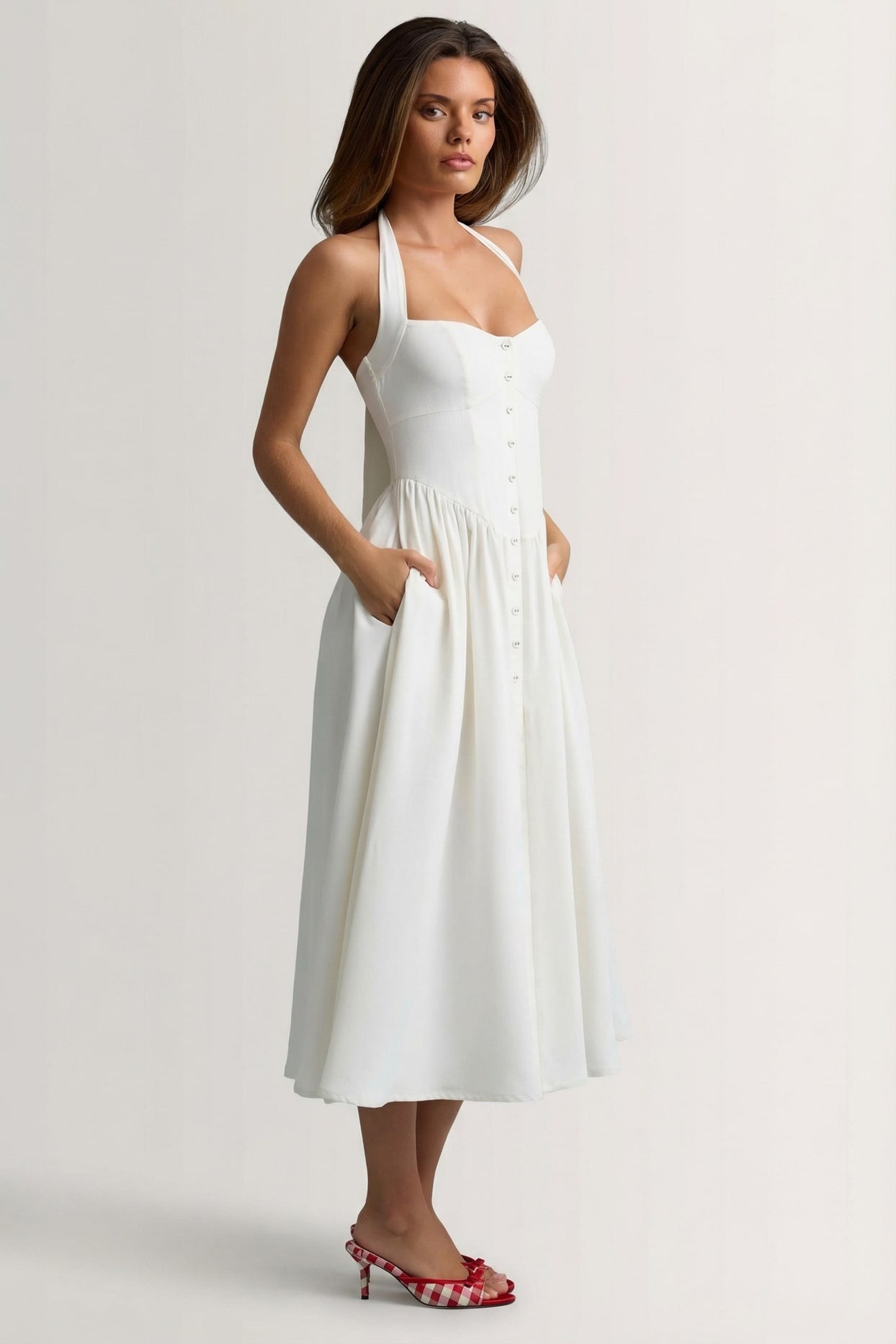 Button-Detail Halterneck Midaxi Dress in White - 3