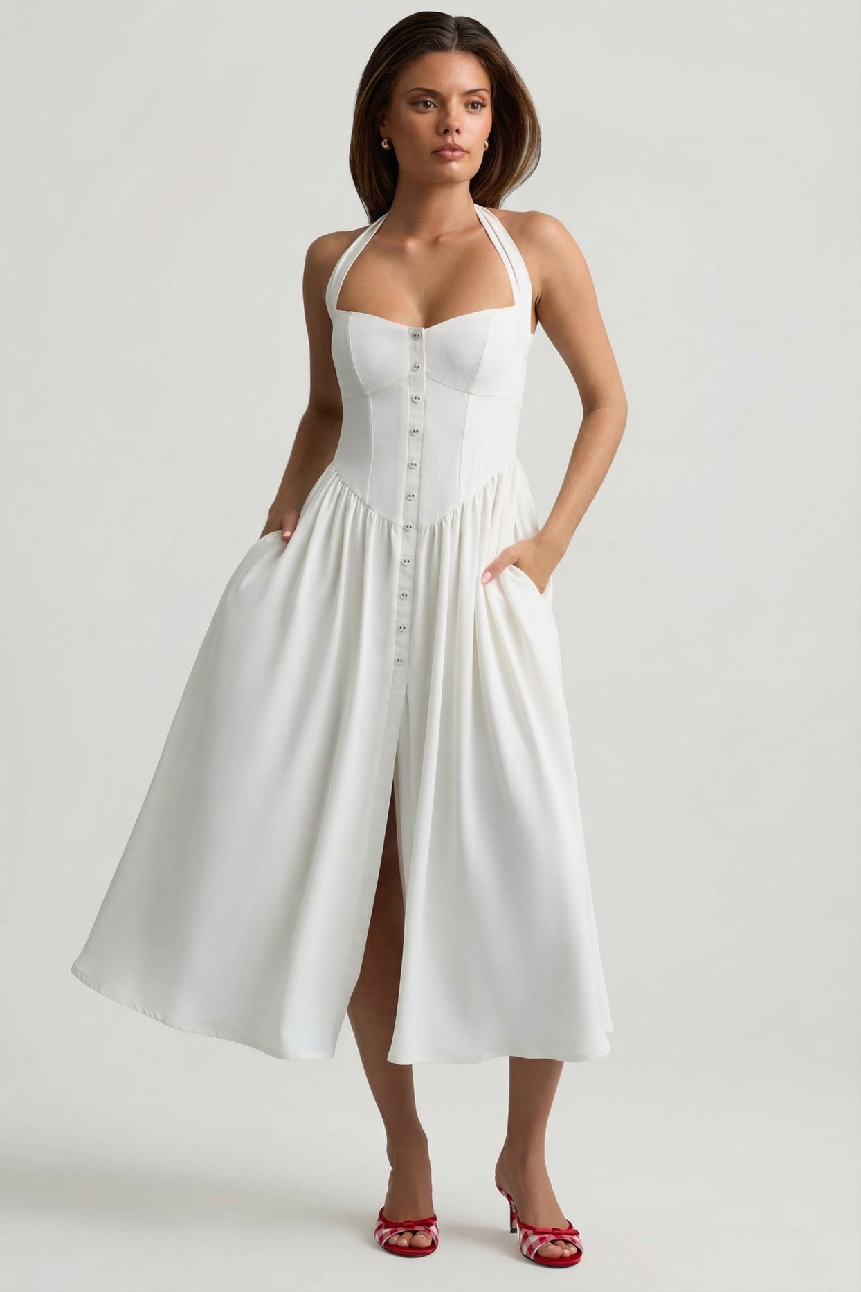 Button-Detail Halterneck Midaxi Dress in White - 6