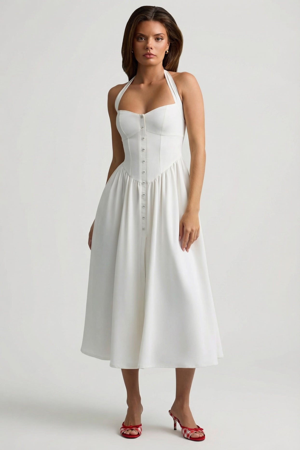 Button-Detail Halterneck Midaxi Dress in White - 7