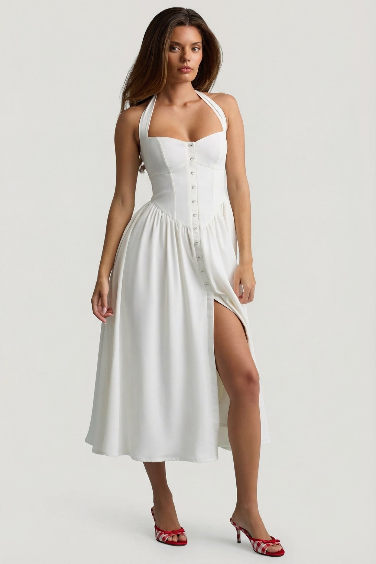 Button-Detail Halterneck Midaxi Dress in White - 8