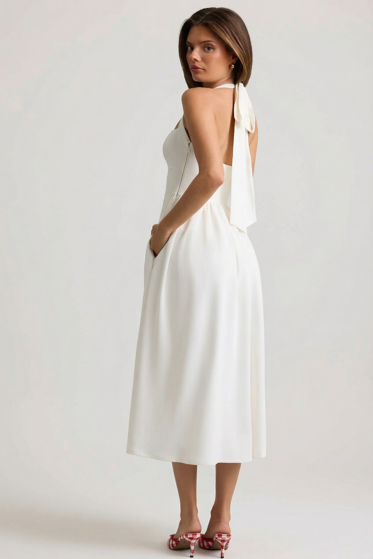 Button-Detail Halterneck Midaxi Dress in White - 2