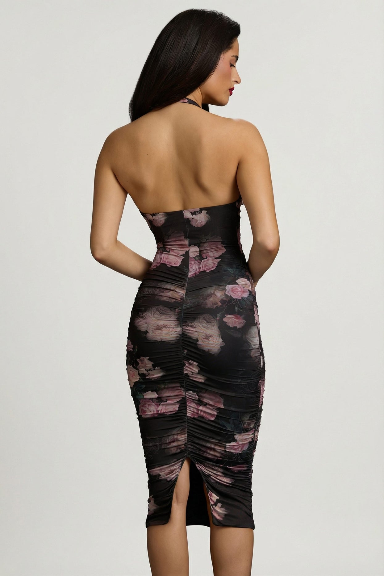 Ruched Plunge Halterneck Midi Dress in Black Floral Print - 2