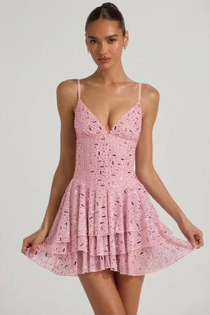 Embellished Ruffled Tiered Mini Dress in Pink