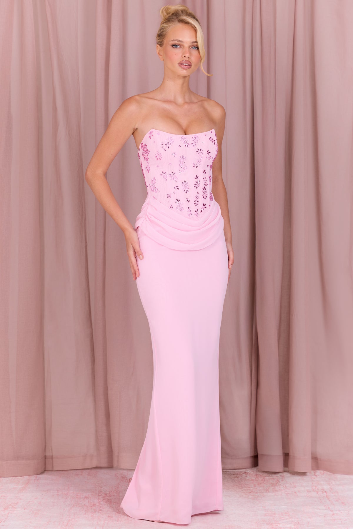 Embellished Corset Maxi Dress in Blossom Pink