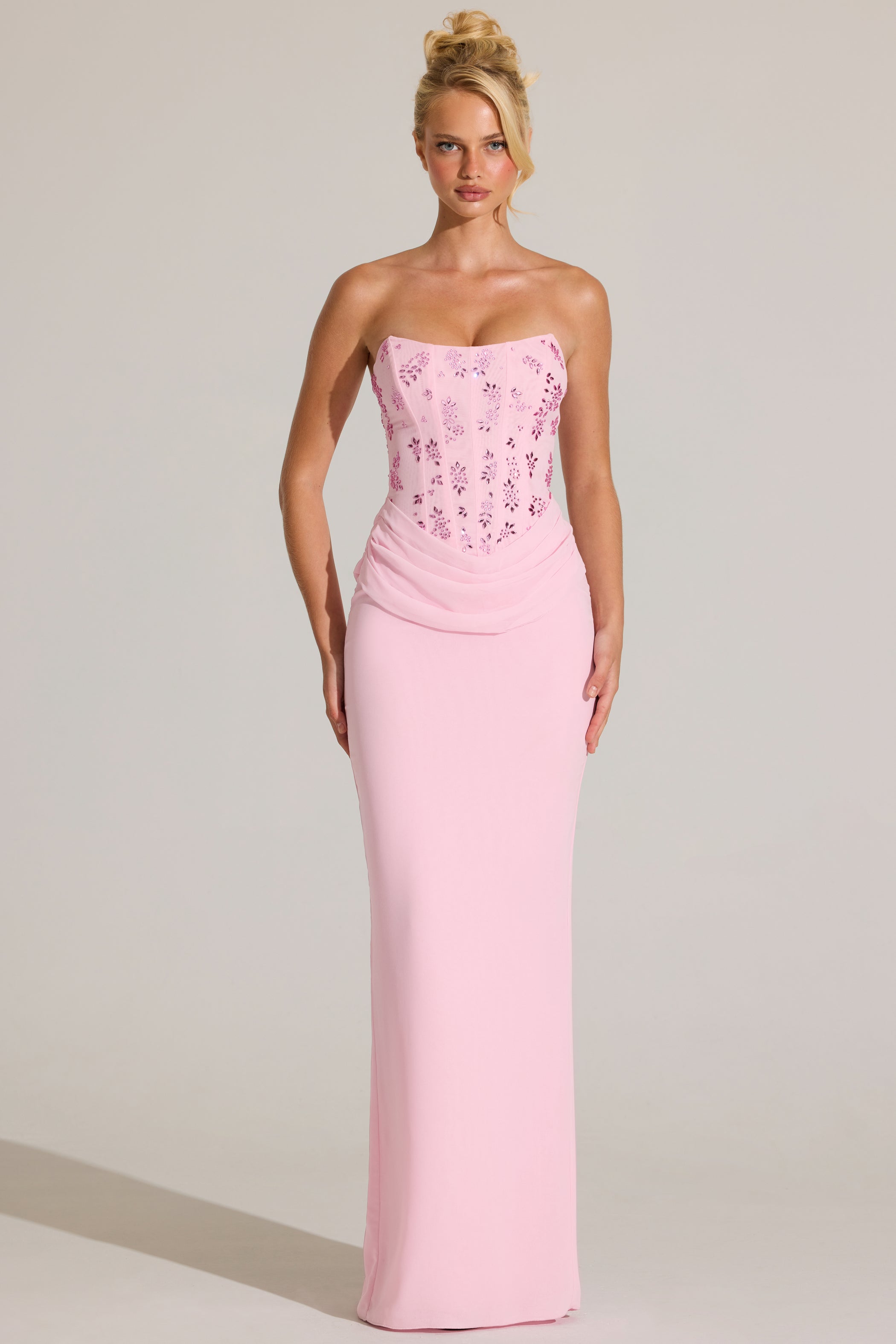 Embellished Corset Maxi Dress in Blossom Pink