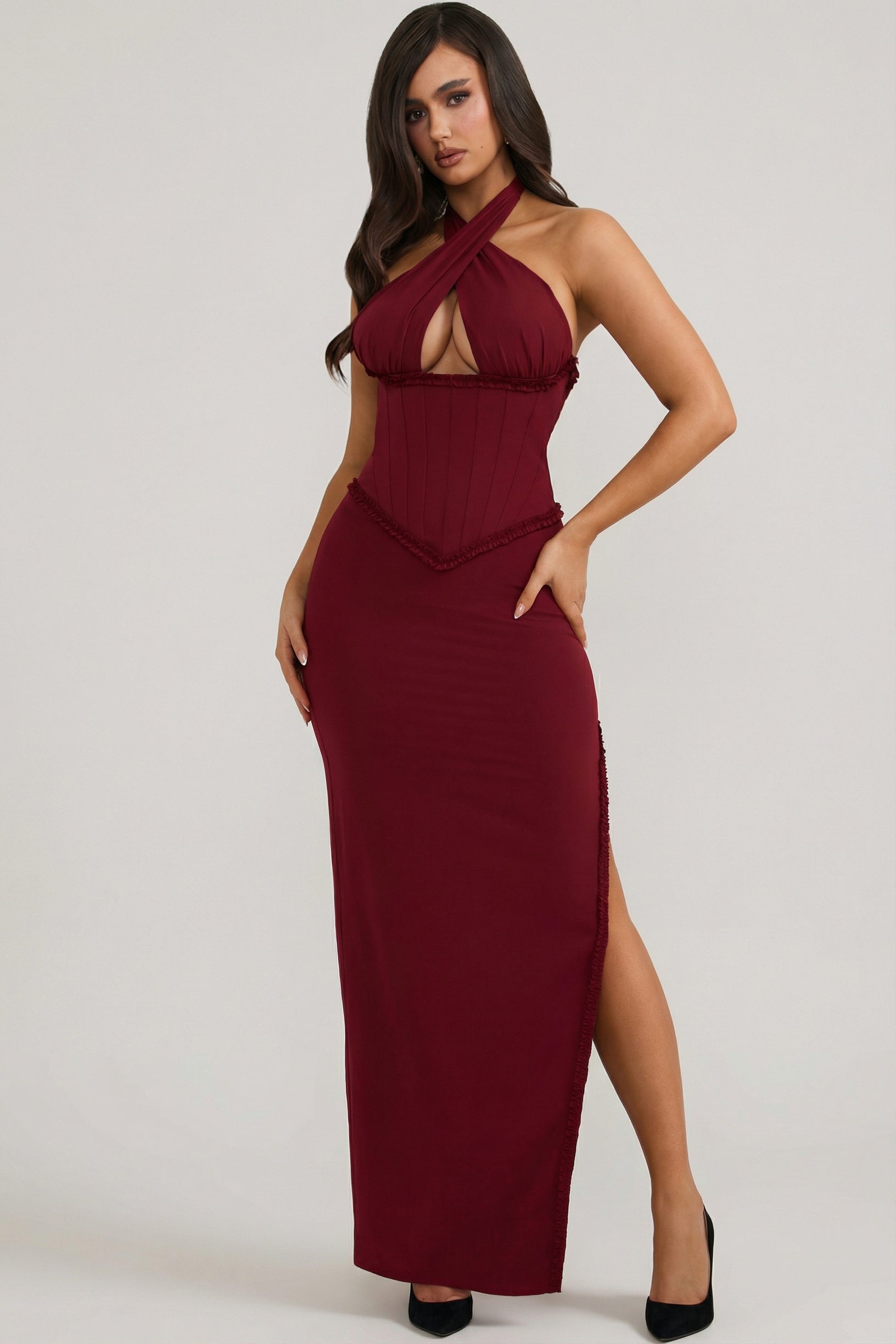 Halterneck Lace-Up Corset Maxi Dress in Berry Red - 1