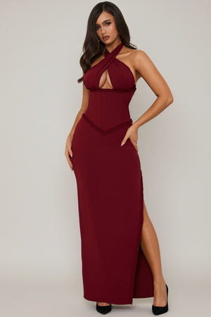 Halterneck Lace-Up Corset Maxi Dress in Berry Red