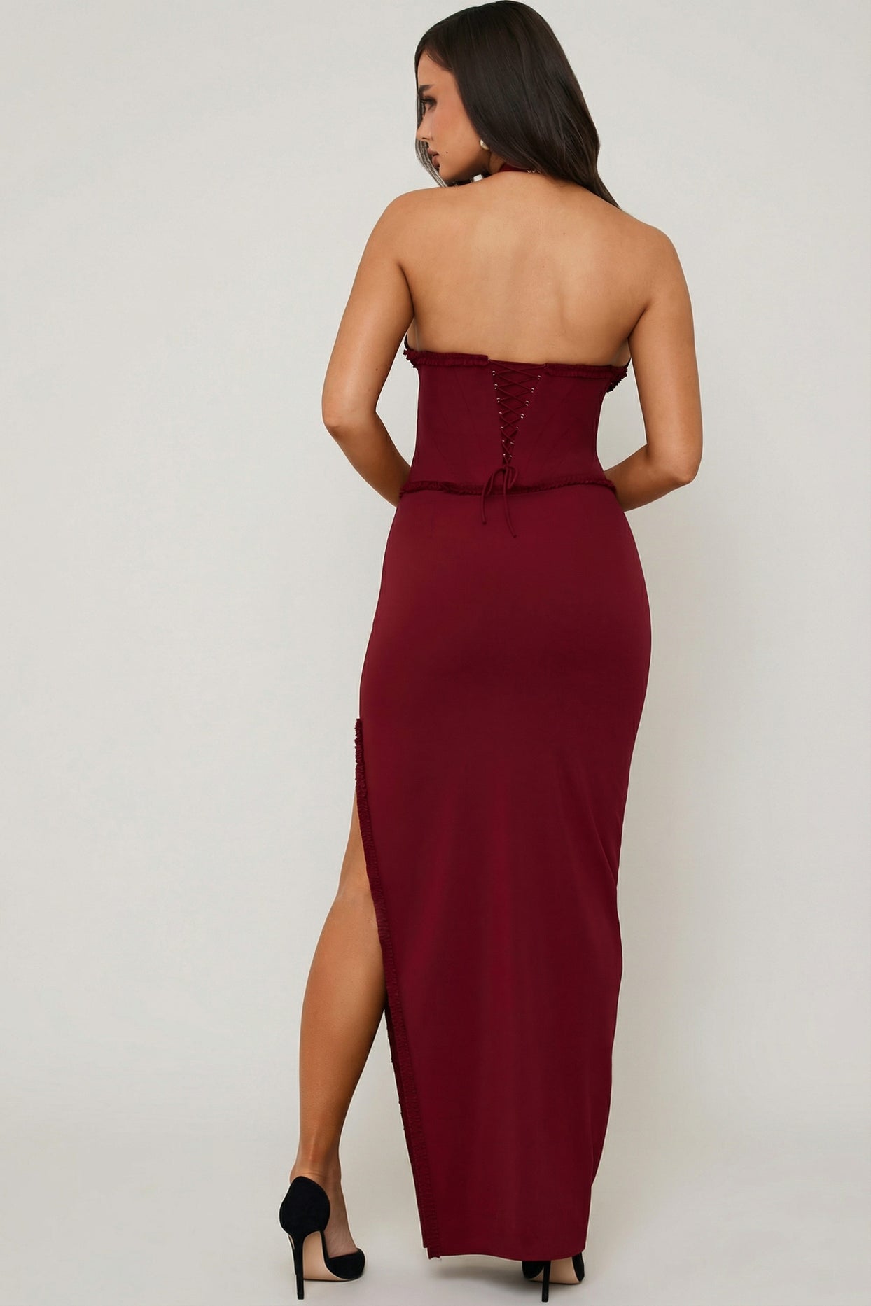 Halterneck Lace-Up Corset Maxi Dress in Berry Red - 2