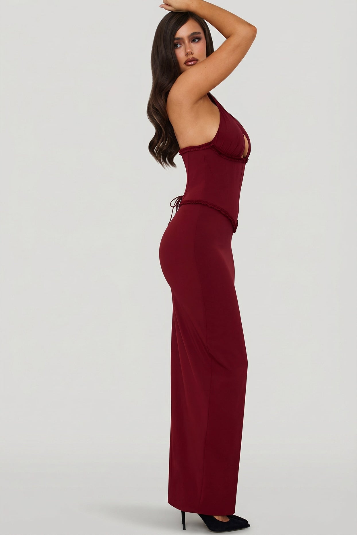 Halterneck Lace-Up Corset Maxi Dress in Berry Red - 4