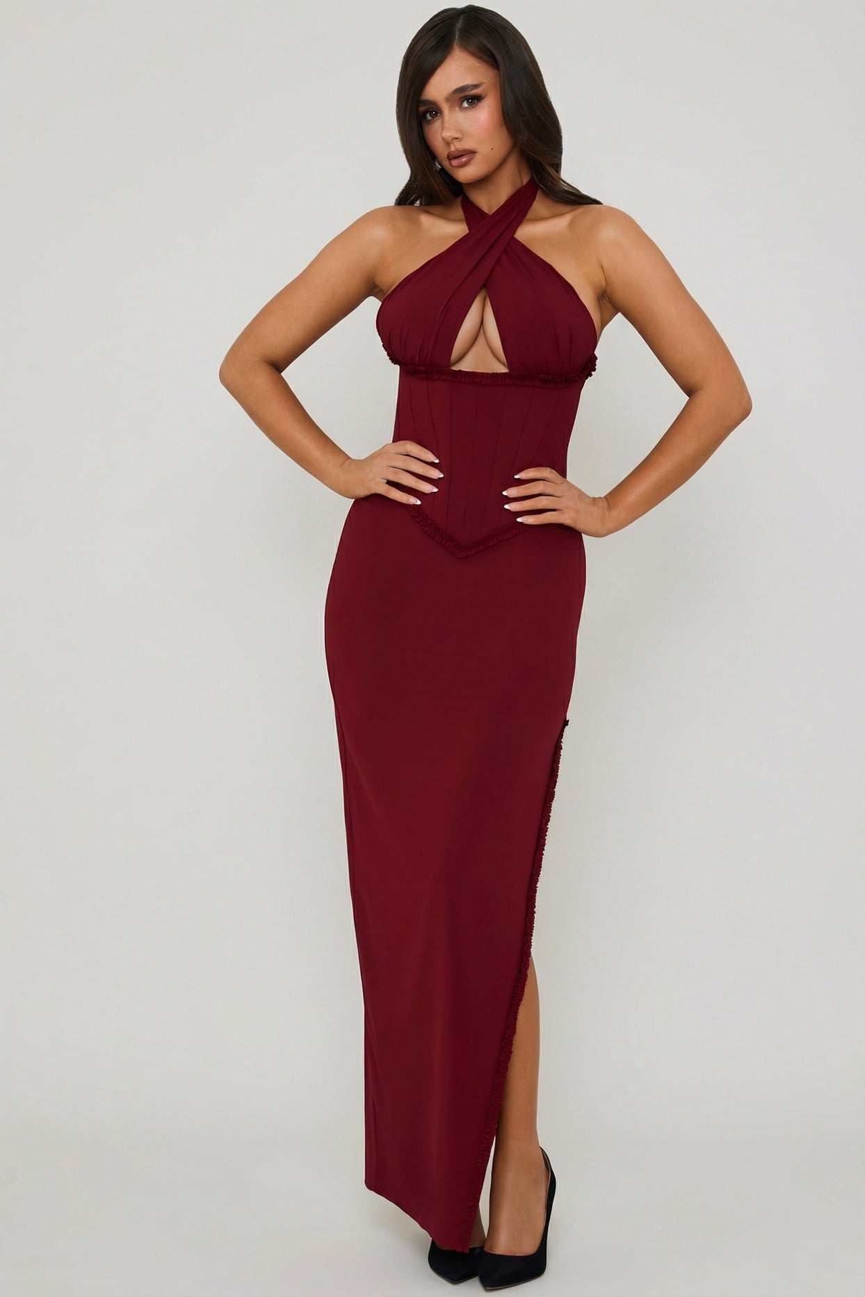 Halterneck Lace-Up Corset Maxi Dress in Berry Red - 6