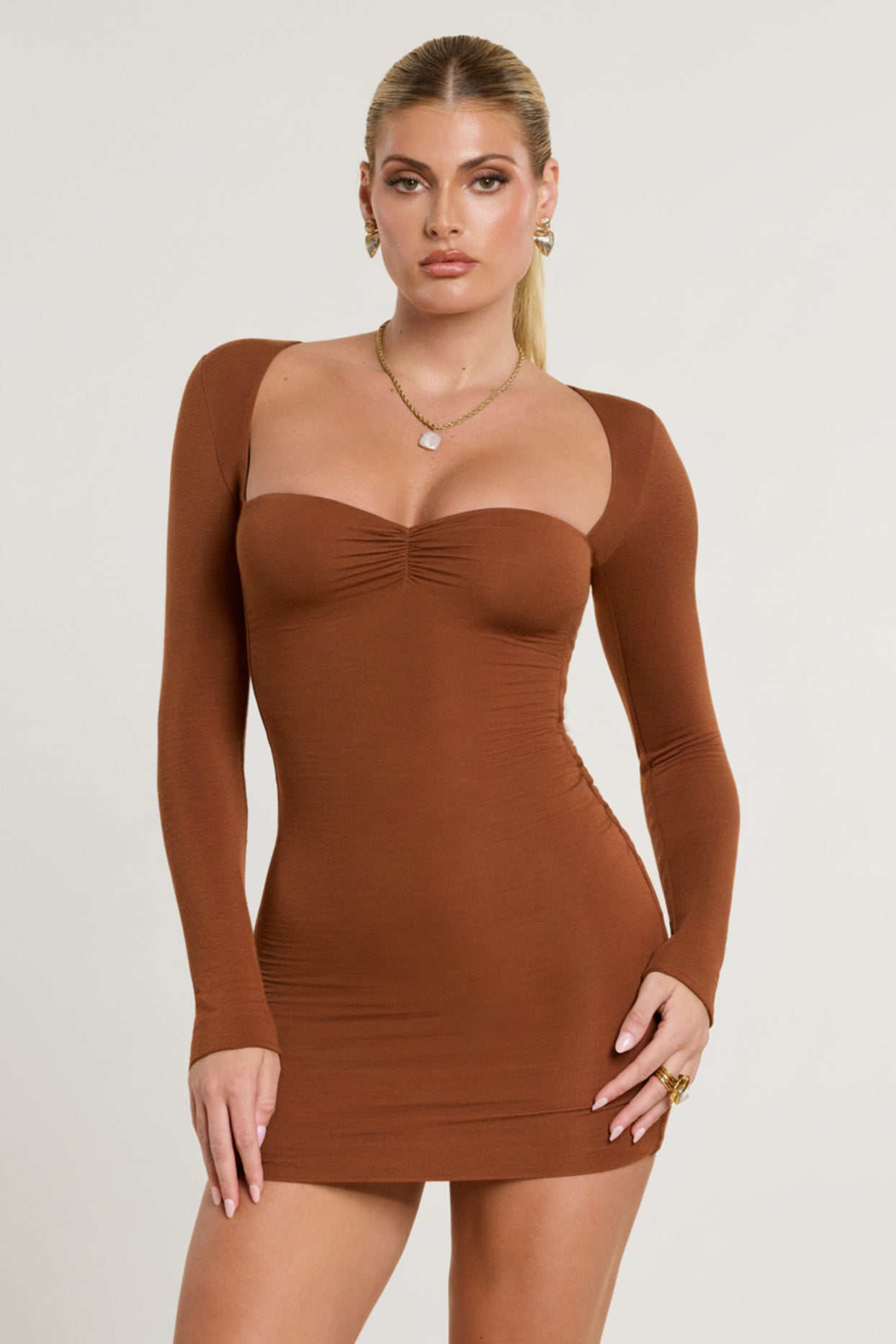 Long Sleeve Ruched Modal Cashmere Blend Mini Dress in Chestnut Brown - 4