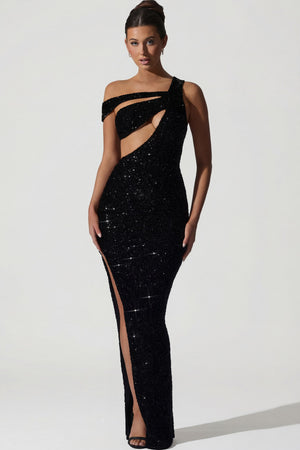 Oh Polly's Anna wearing the Persephone Gown Length Dress in Black Micro Sequin fabric perfect for a red carpet occasion