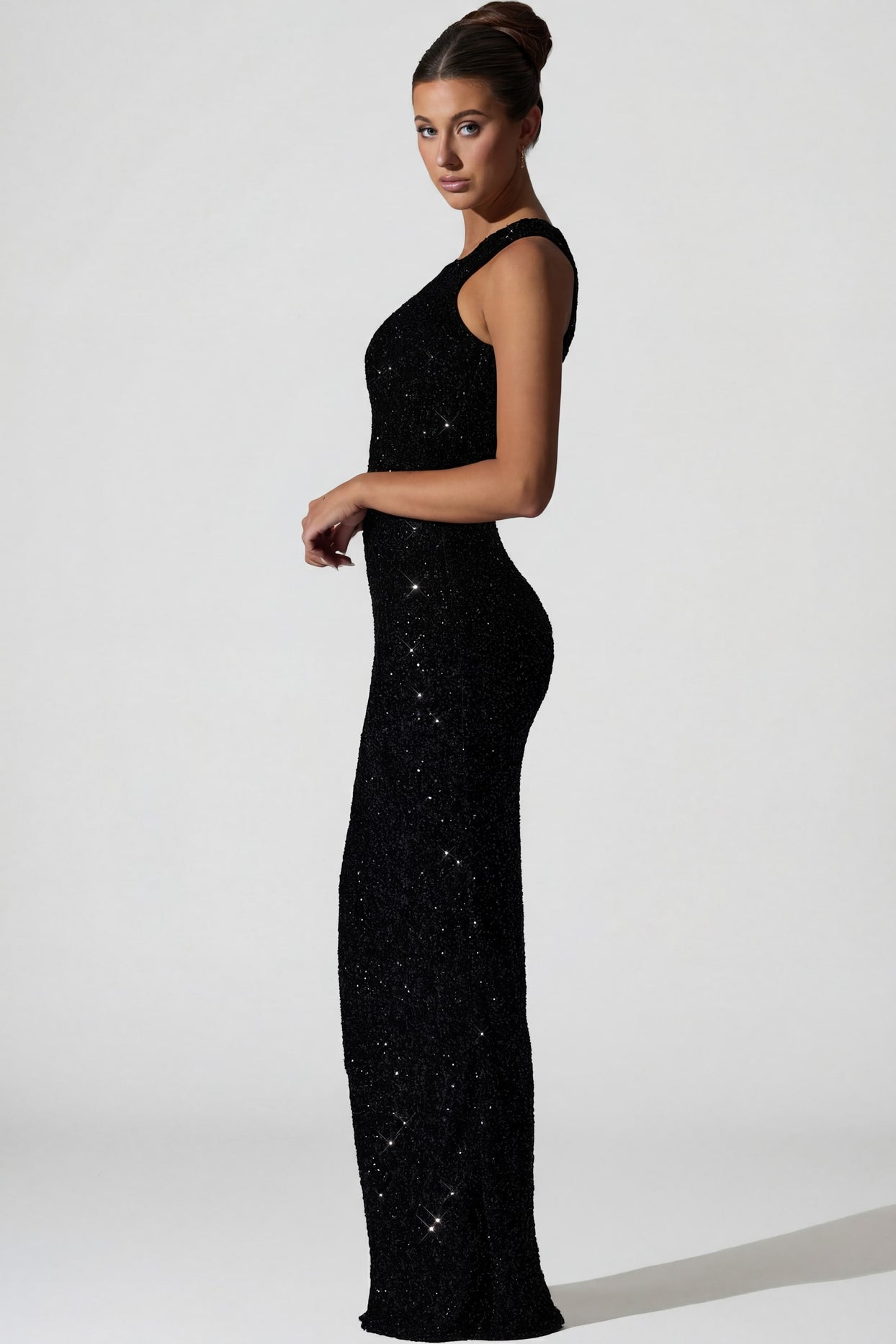 Embellished Asymmetric Cut-Out Gown in Black - 8