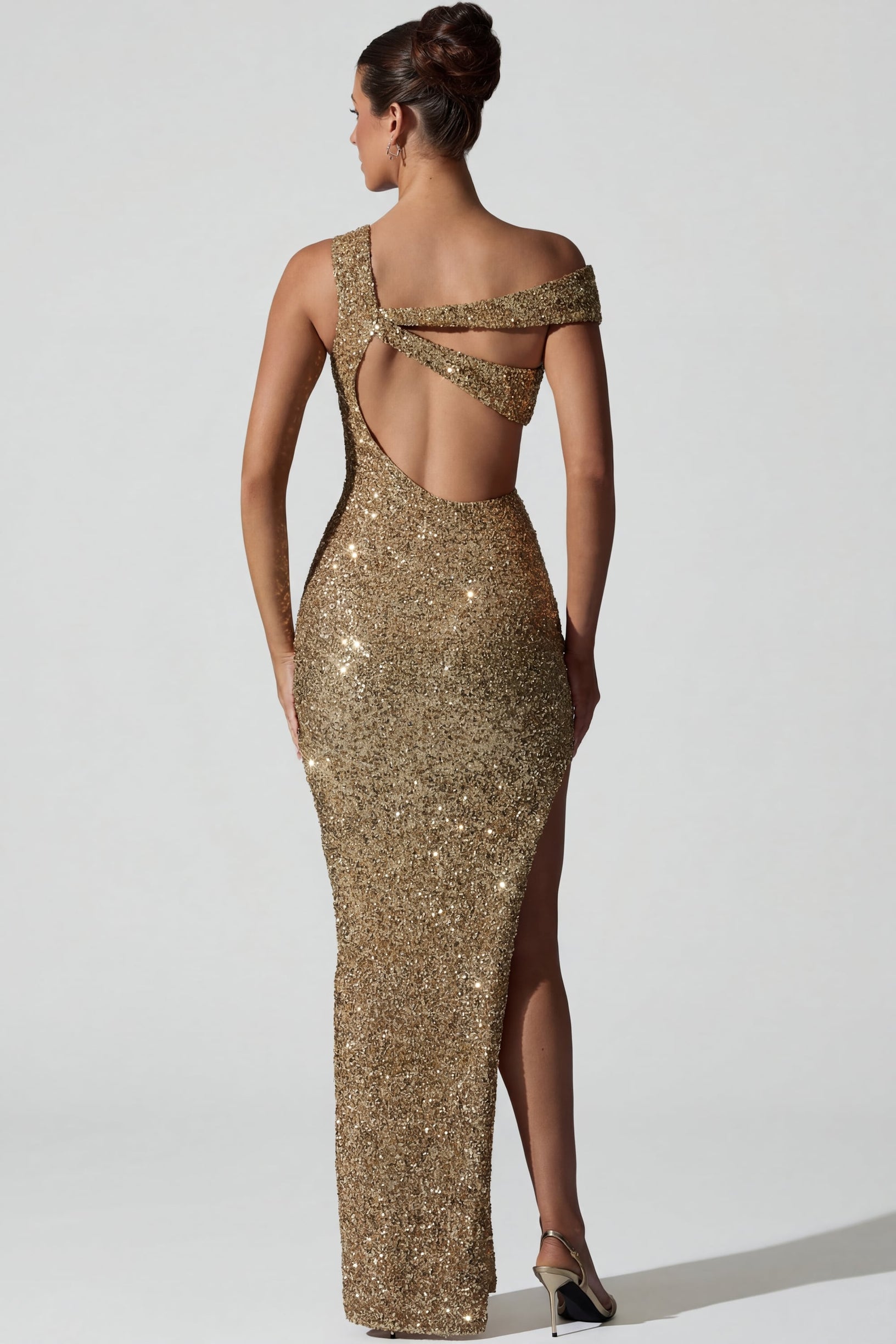 Embellished Asymmetric Cut-Out Gown in Gold - 2