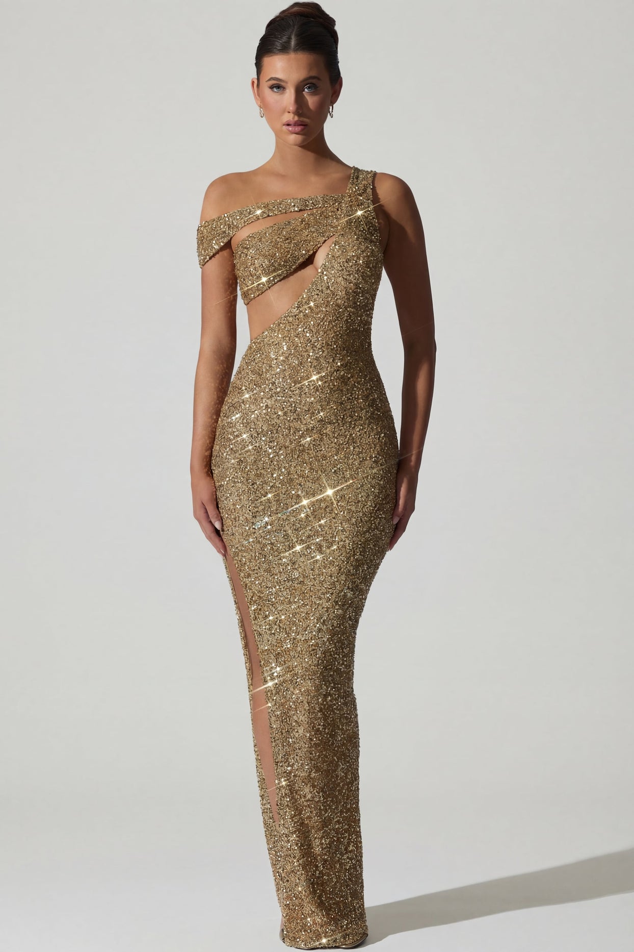 Embellished Asymmetric Cut-Out Gown in Gold - 7