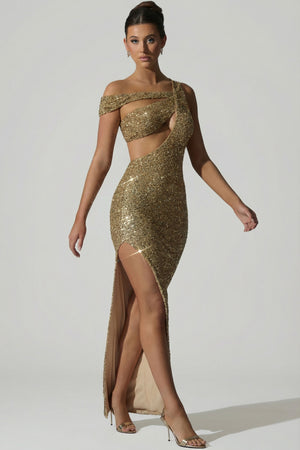 Embellished Asymmetric Cut-Out Gown in Gold
