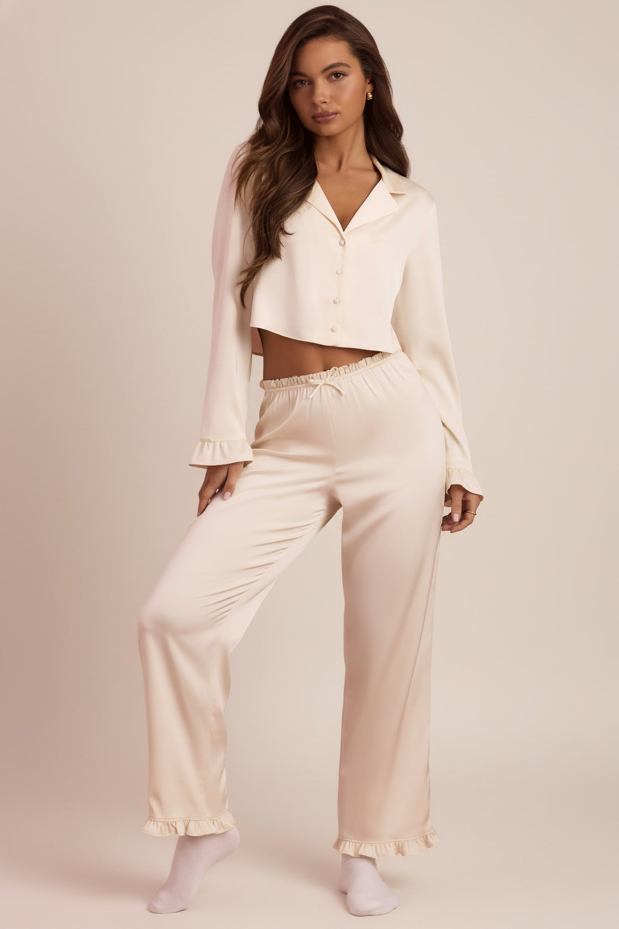 Ruffle-Trim Mid-Rise Pyjama Trousers in Ivory - 5