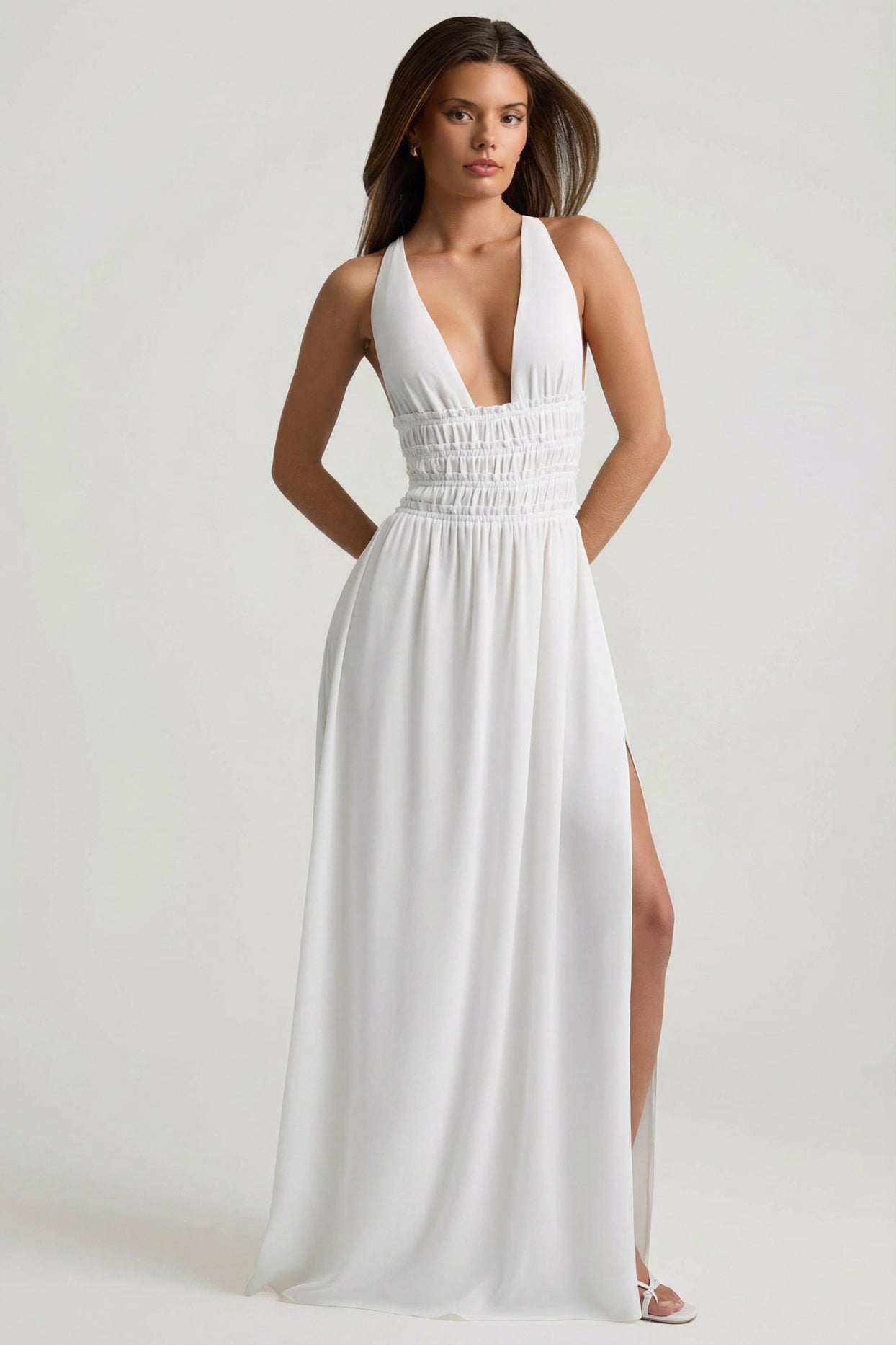 Plunge Cross-Back Maxi Dress in White - 1