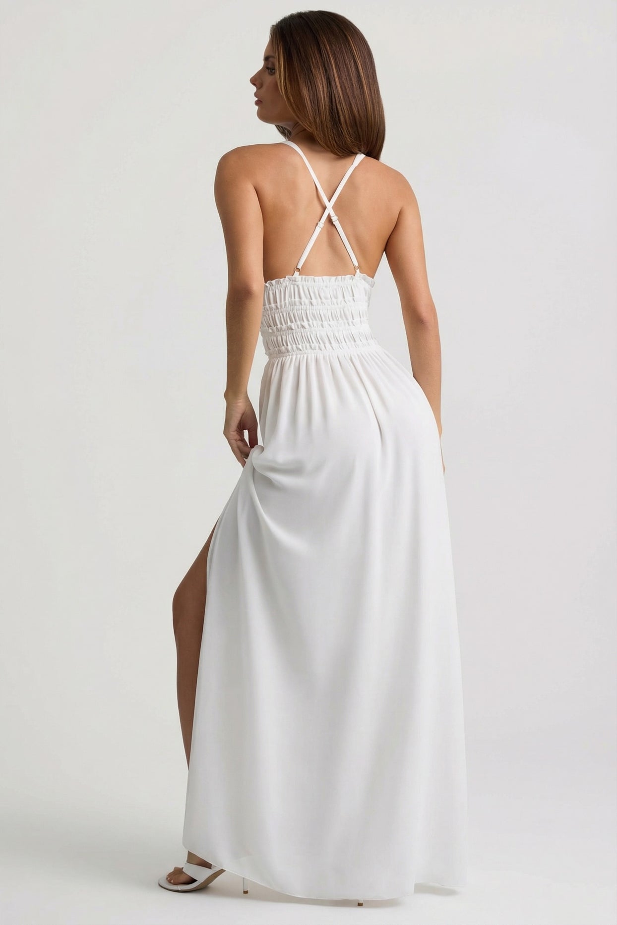 Plunge Cross-Back Maxi Dress in White - 5