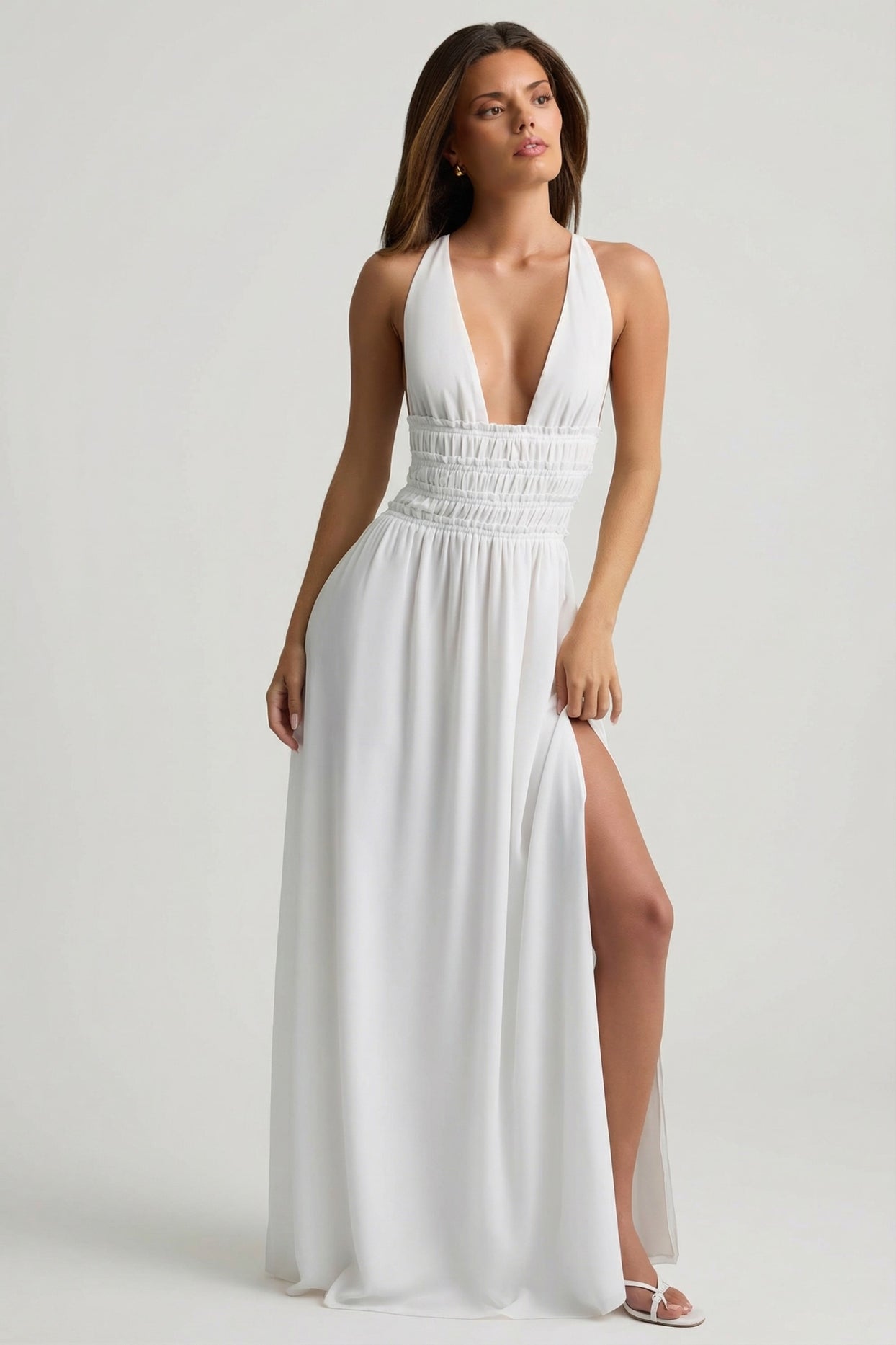 Plunge Cross-Back Maxi Dress in White - 8