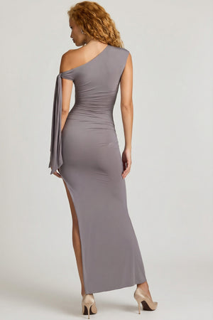 Off-Shoulder Ruched Tie-Detail Maxi Dress in Steel Grey