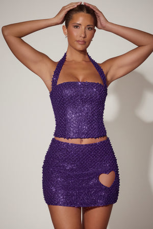 Embellished Heart-Detail A-Line Micro Mini Skirt in Purple