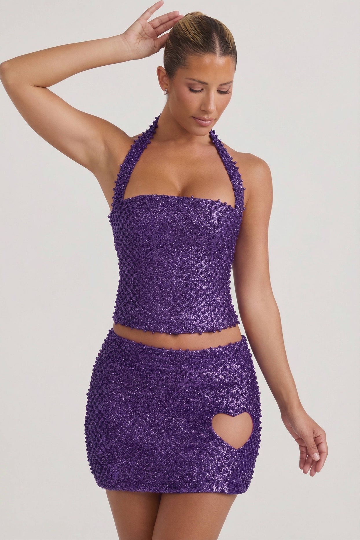 Embellished Heart-Detail A-Line Micro Mini Skirt in Purple - 5