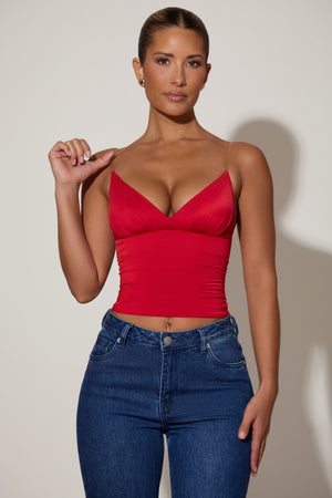 Ruched Plunge-Neck Camisole Top in Red