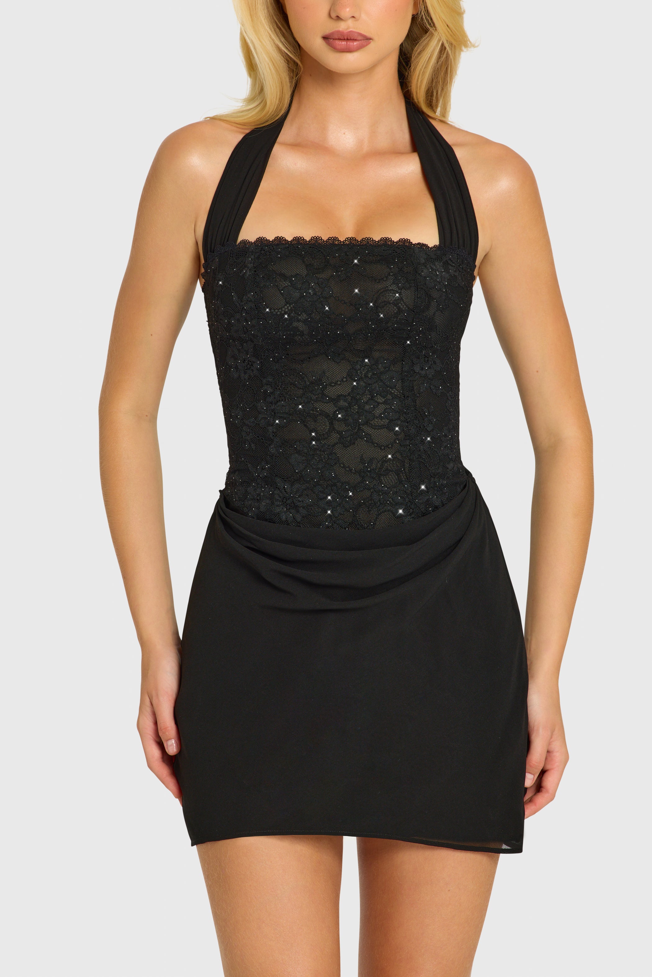 Sequin Lace Corset Mini Dress in Black