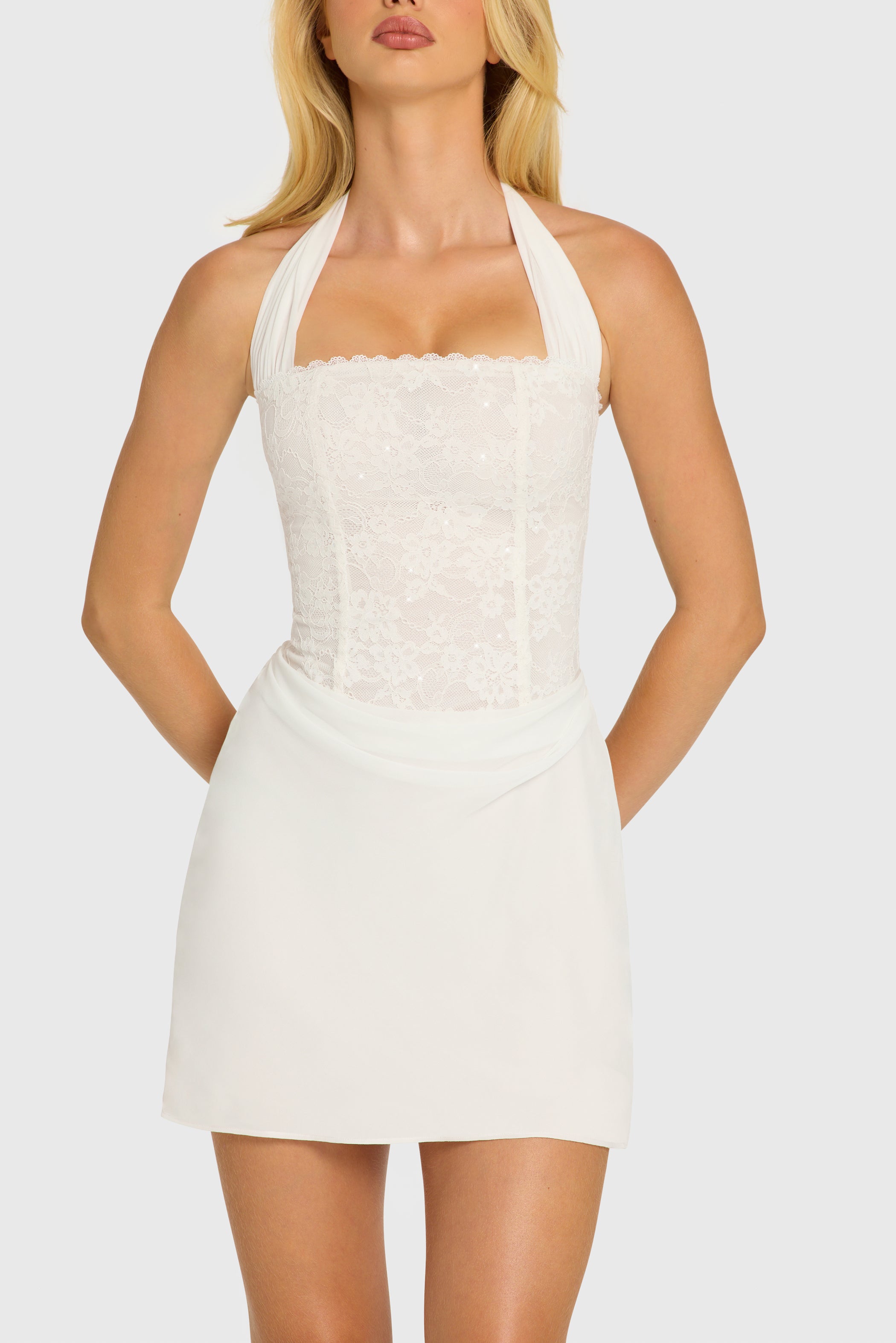 Sequin Lace Corset Mini Dress in Pearl