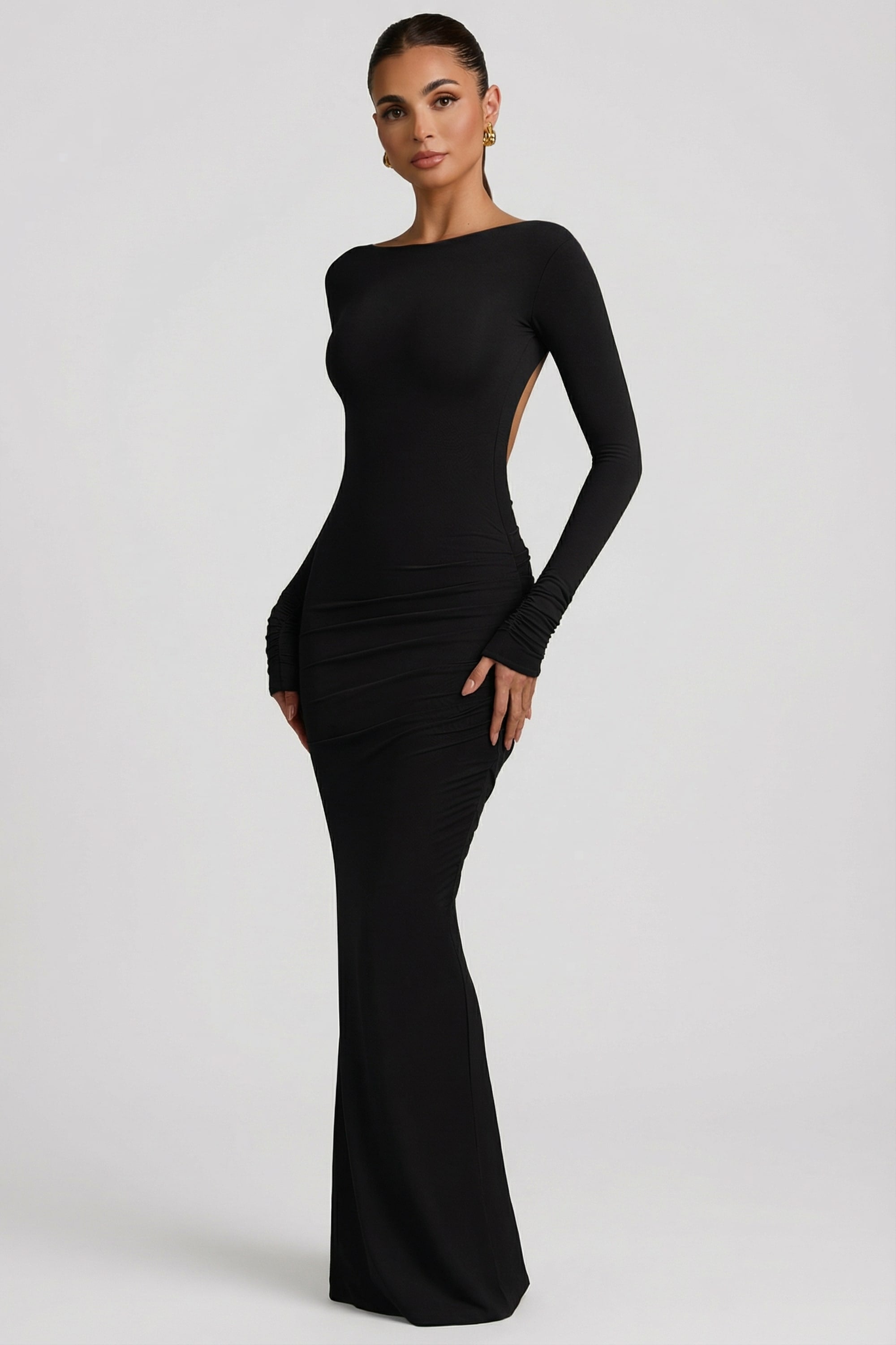 long sleeve embellished backless maxi dress in black Long Sleeve Embellished Backless Maxi Dress Black
