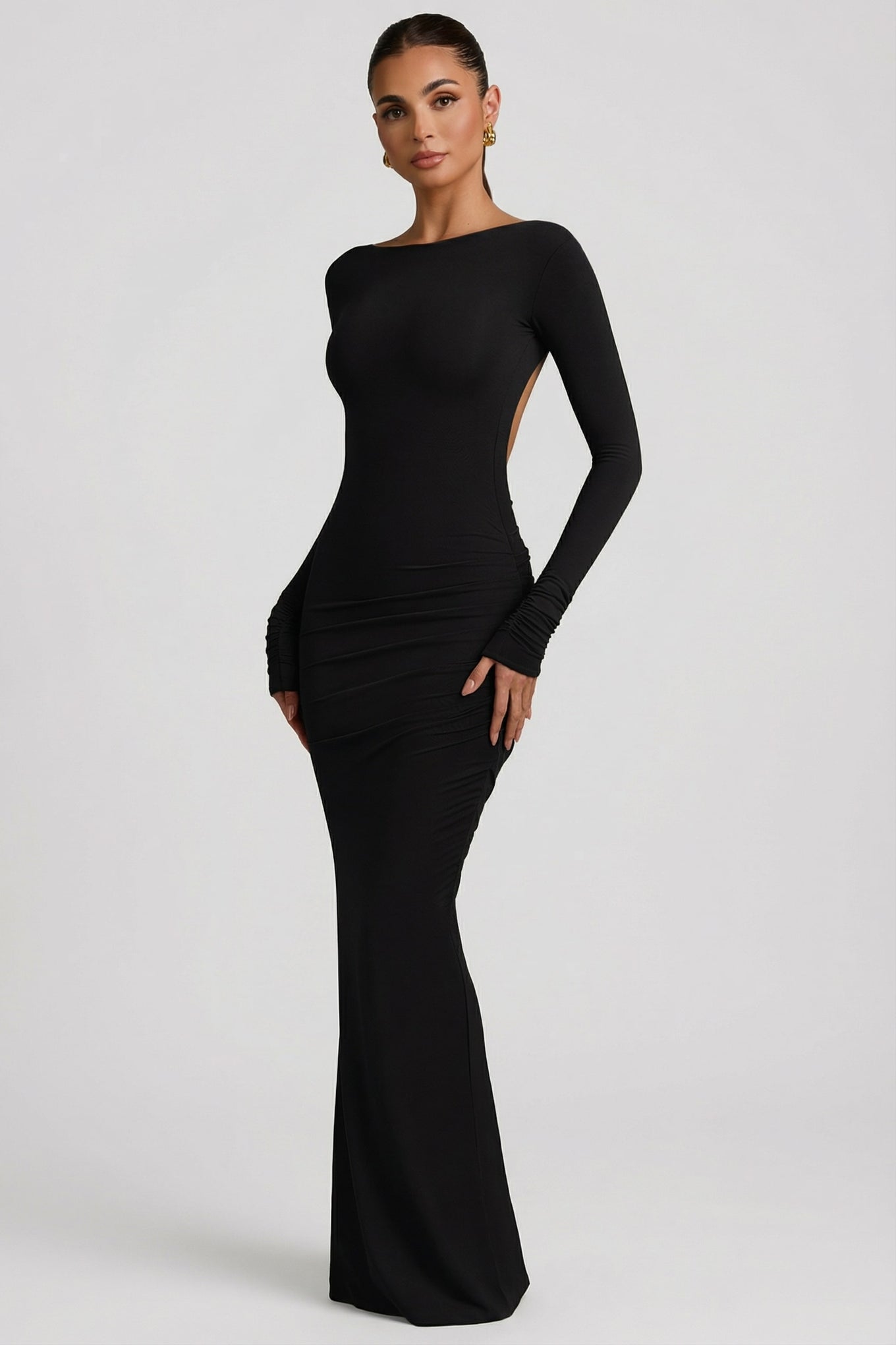Modal Ruched Backless Maxi Dress in Black - 1