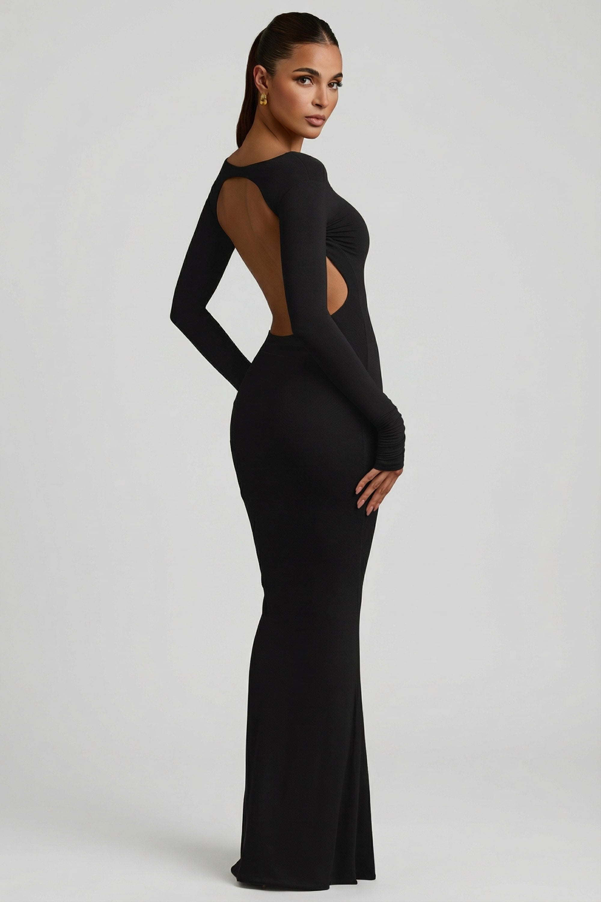 Regine Modal Ruched Backless Maxi Dress in Black | Oh Polly – Oh