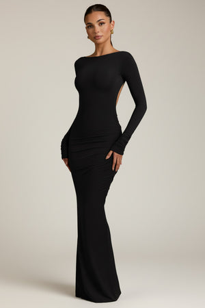 Modal Ruched Backless Maxi Dress in Black