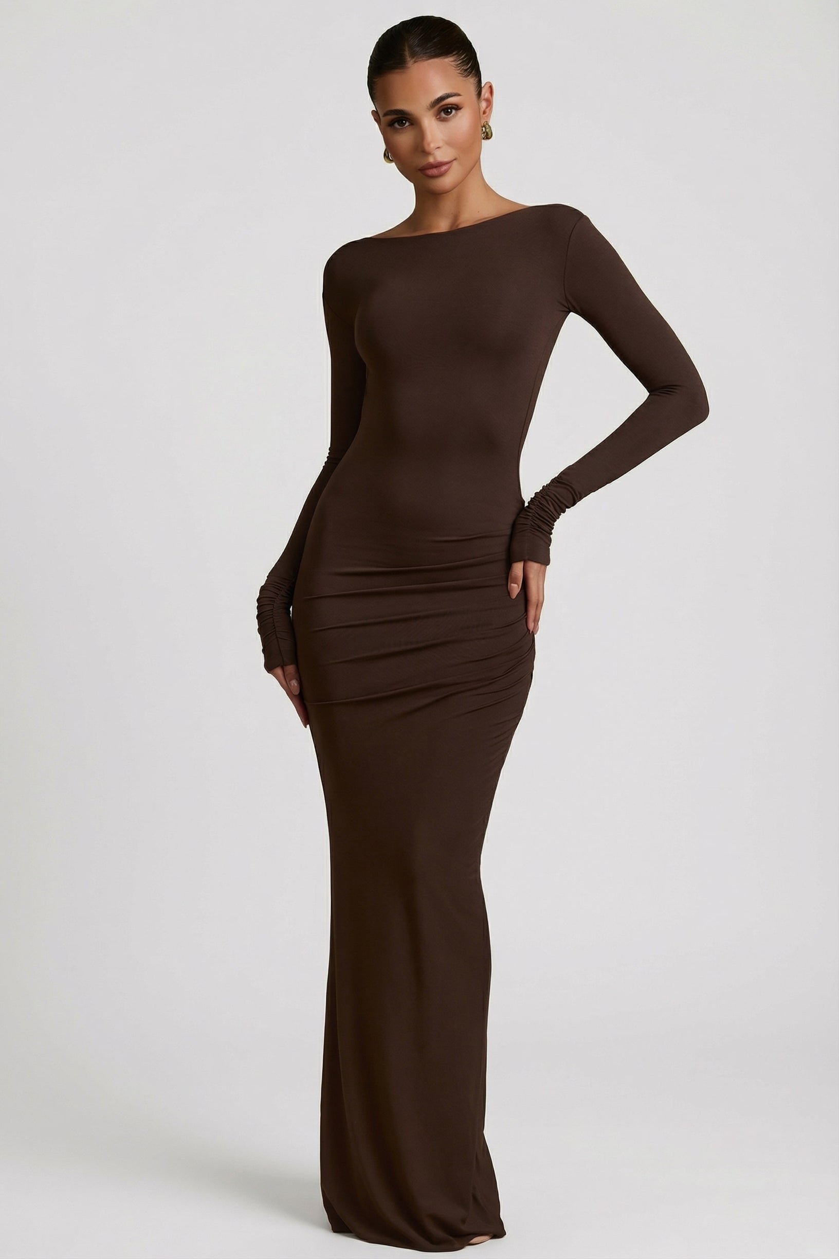 Modal Ruched Backless Maxi Dress in Chocolate Brown - 2