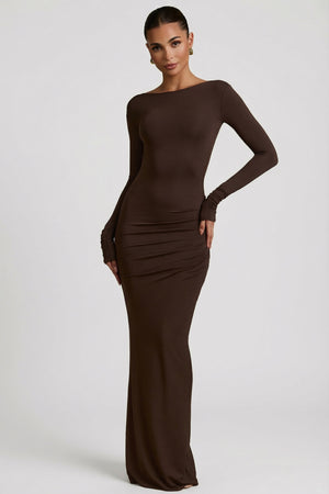 Modal Ruched Backless Maxi Dress in Chocolate Brown